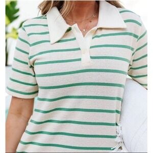 Ivy City Co Cream and Green Striped Midi Dress